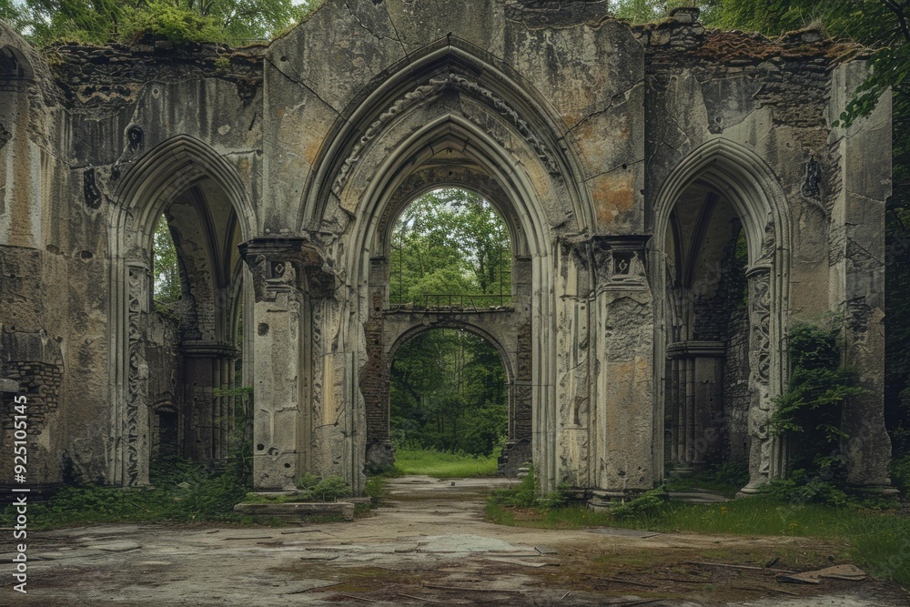 Crumbling stone arches of an abandoned church being taken over by nature