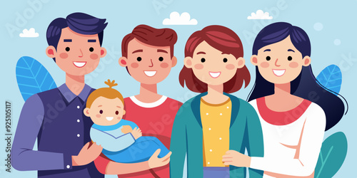 Set of mom and dad characters with baby. Happy young parents with newborn children
