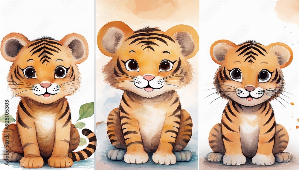 Collection of three watercolour paintings of brown cute tiger Collection of three watercolour paintings of brown cute tiger