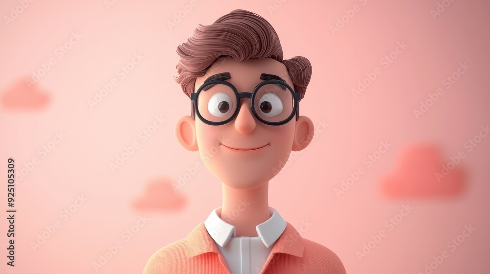 Smiling Cartoon Character with Glasses and Brown Hair on a Soft Pink Background Smiling Cartoon Character with Glasses and Brown Hair on a Soft Pink Background