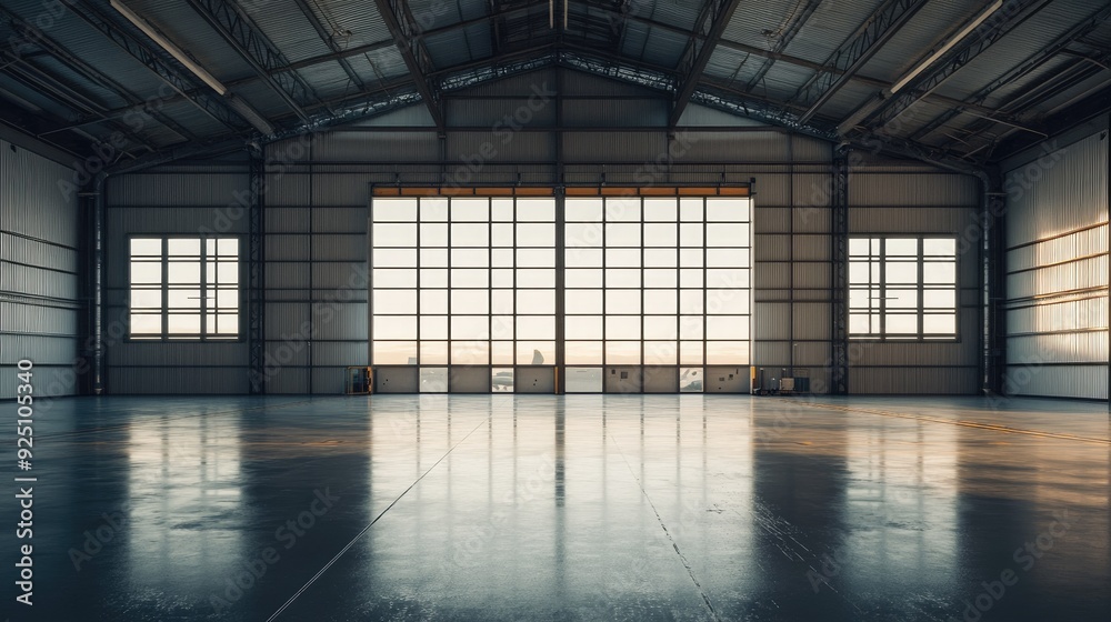 Empty cargo airplane hangar with open doors and no aircraft, spacious interior Empty cargo airplane hangar with open doors and no aircraft, spacious interior