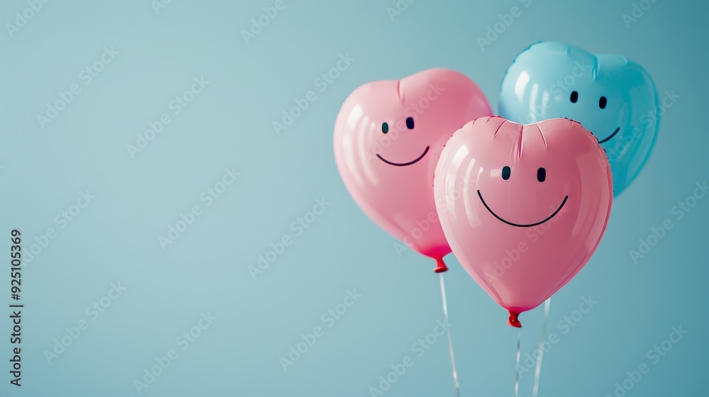 Heart balloons with love smile emojis on blue white background, space for congratulations banner Heart balloons with love smile emojis on blue white background, space for congratulations banner