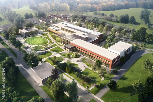 Aerial View of Modern School Campus with Green Grass and Trees