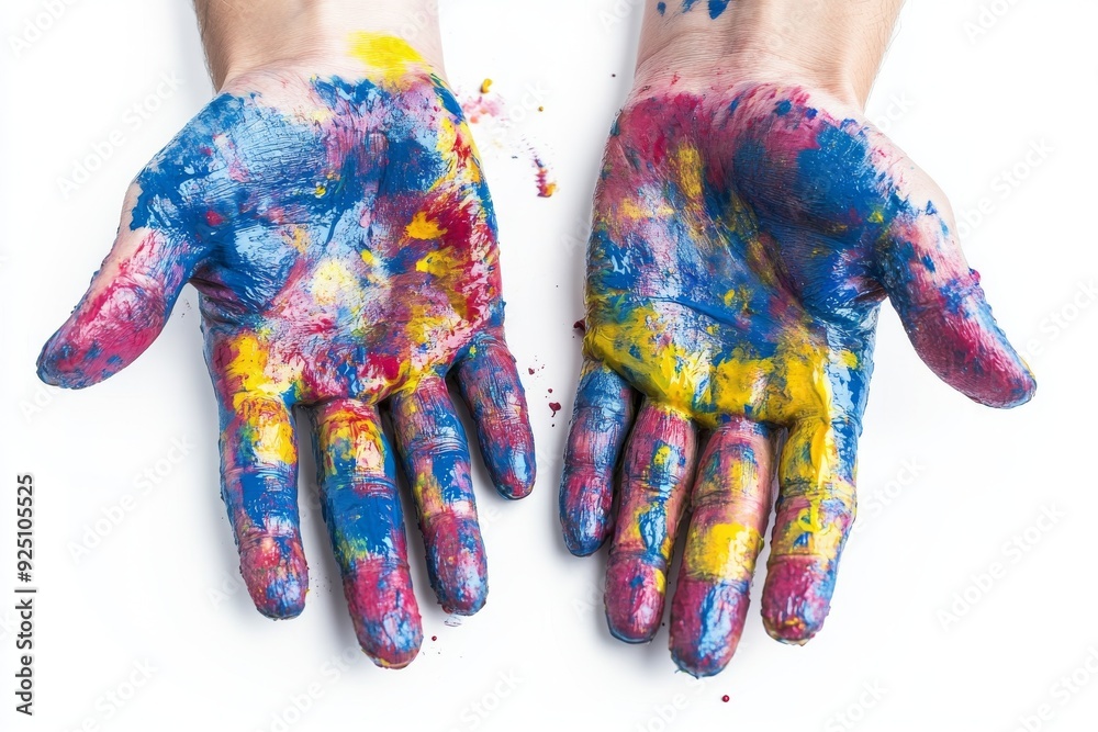 The hands of a creative artist are painted on a white, transparent background cutout The hands of a creative artist are painted on a white, transparent background cutout