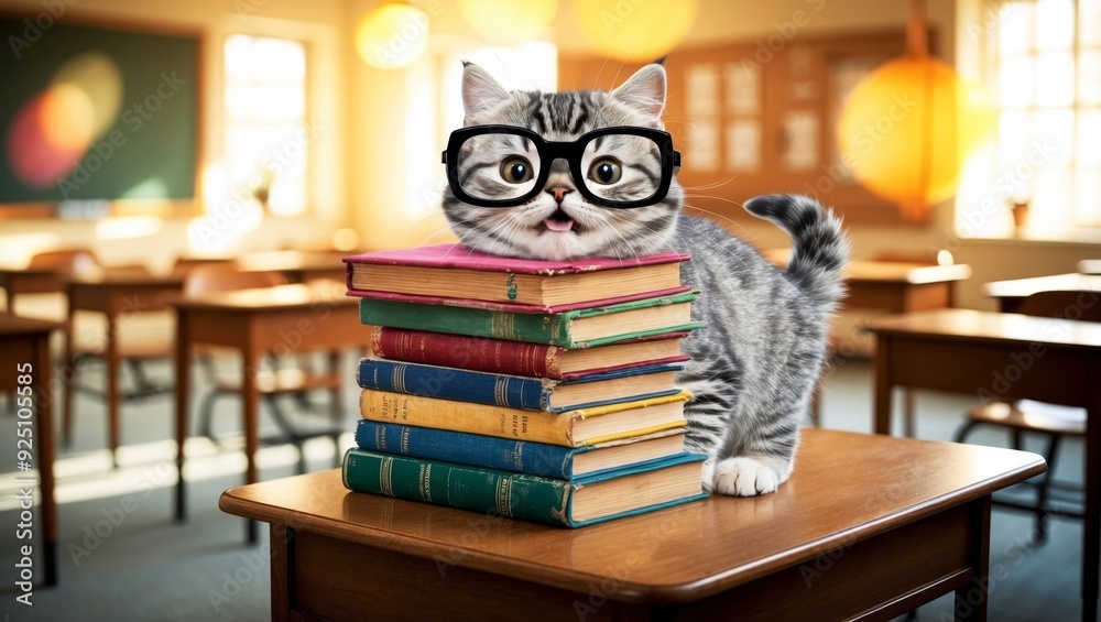 A cat with glasses is playfully perched on stacked books in a classroom setting A cat with glasses is playfully perched on stacked books in a classroom setting