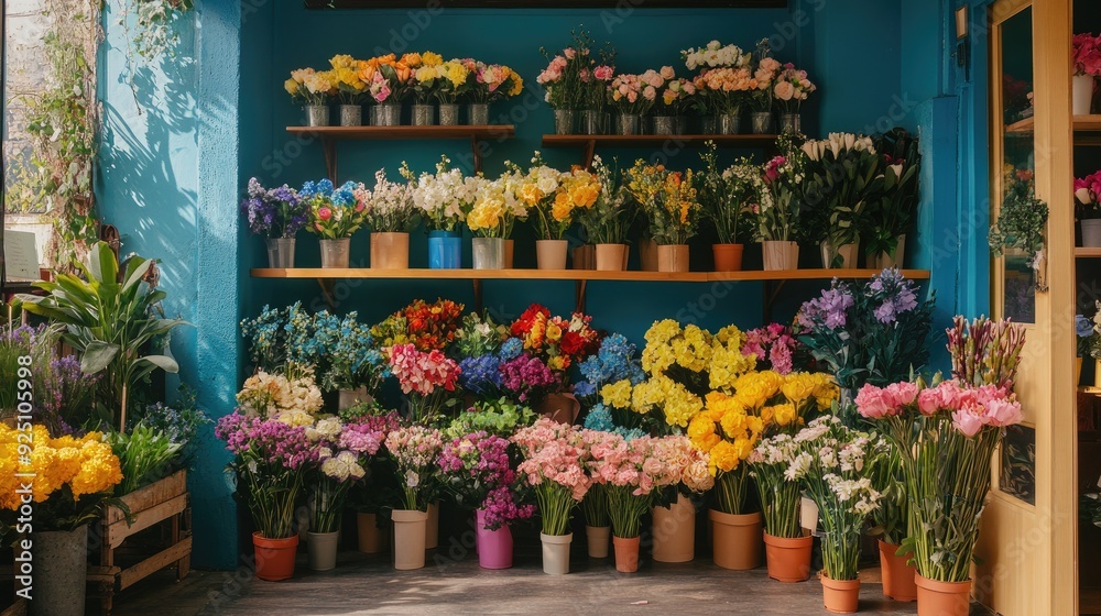 Fototapeta premium Empty flower shop with colorful bouquets and arrangements on display, well-organized space