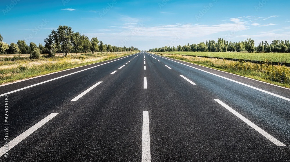 Empty highway with multiple lanes and clear skies, no vehicles, smooth asphalt Empty highway with multiple lanes and clear skies, no vehicles, smooth asphalt