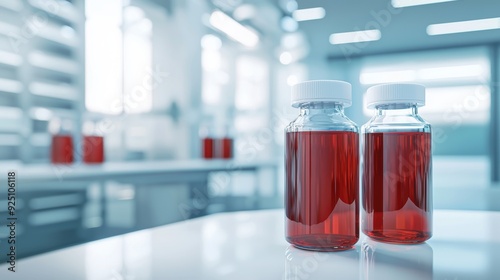 Two bottles of red liquid on a table