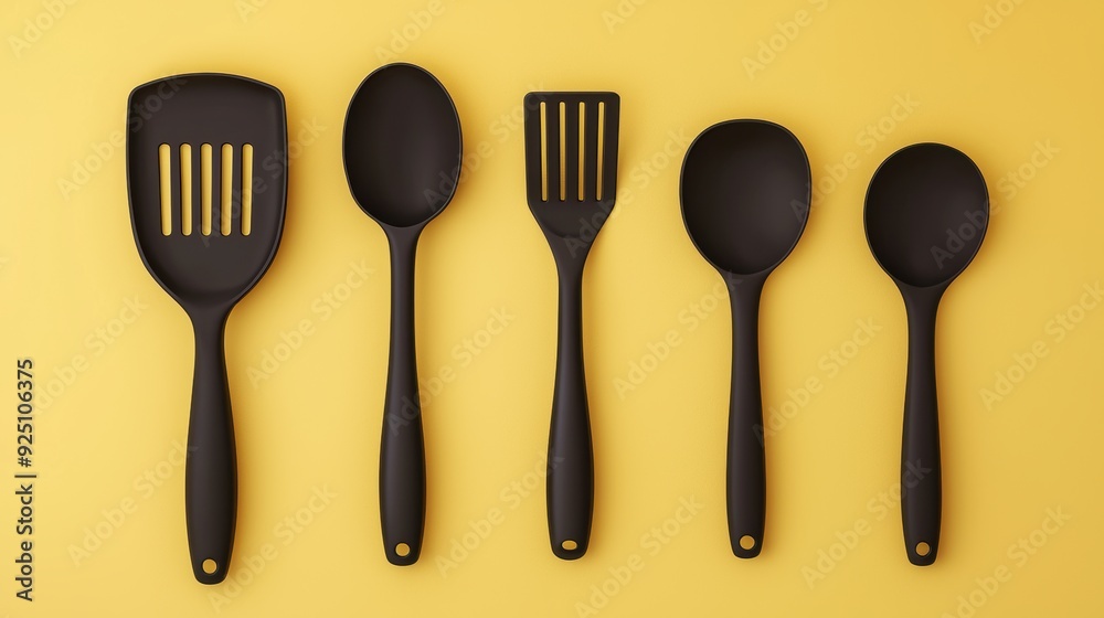 A set of black utensils including a spatula, ladle, and slotted spoon A set of black utensils including a spatula, ladle, and slotted spoon