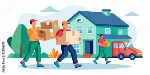 Moving company. Relocation service. Movers carry boxes into the house. Moving. Vector illustration

