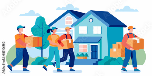 Moving company. Relocation service. Movers carry boxes into the house. Moving. Vector illustration
