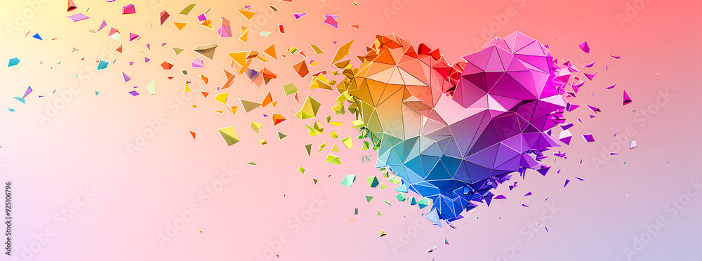 Fototapeta premium Abstract colorful heart shape made of low poly geometric particles on a gradient background