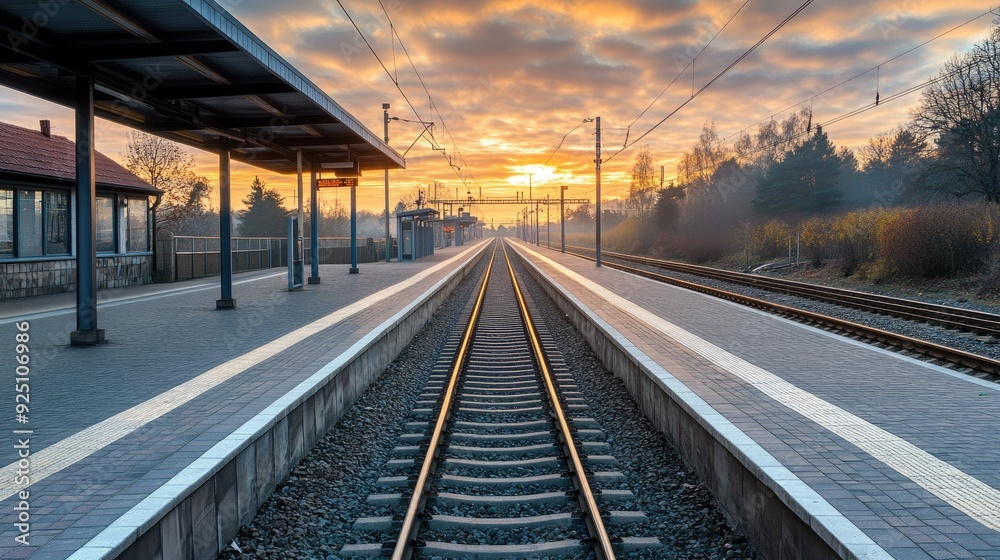Empty train tracks with a station platform, no trains or people, early morning Empty train tracks with a station platform, no trains or people, early morning