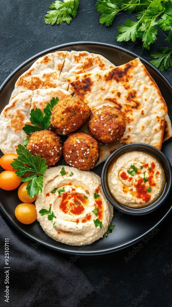 Delicious Middle Eastern platter featuring falafel, hummus, flatbread, and fresh vegetables, perfect for a healthy meal. Delicious Middle Eastern platter featuring falafel, hummus, flatbread, and fresh vegetables, perfect for a healthy meal.