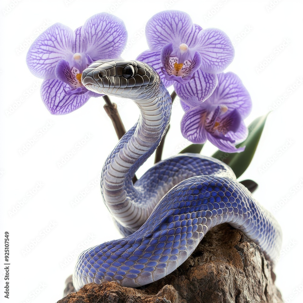 Fototapeta premium The background of this image is white and transparent and shows a blue snake on a branch