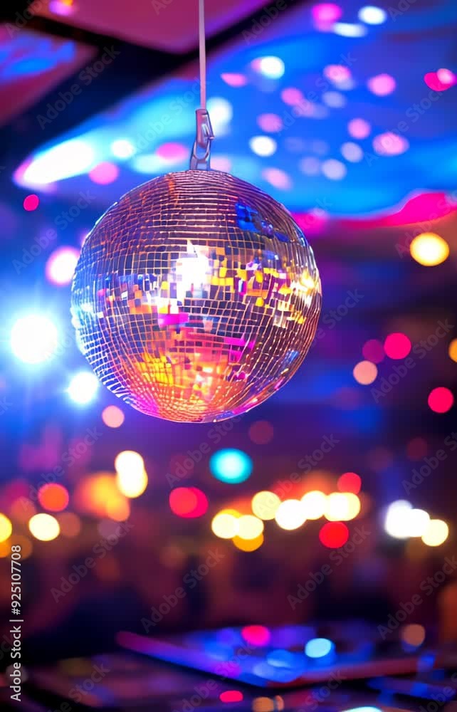 vertical slow motion video of Disco ball with colorful lights in a dance club vertical slow motion video of Disco ball with colorful lights in a dance club