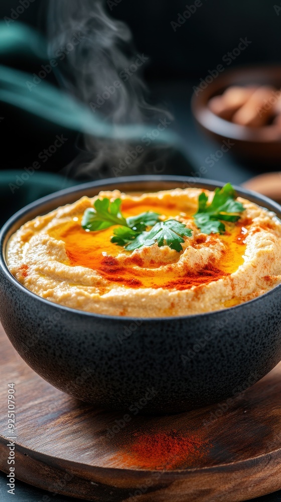 Delicious steaming hummus served in a bowl, garnished with olive oil and fresh cilantro, perfect for healthy snacking. Delicious steaming hummus served in a bowl, garnished with olive oil and fresh cilantro, perfect for healthy snacking.