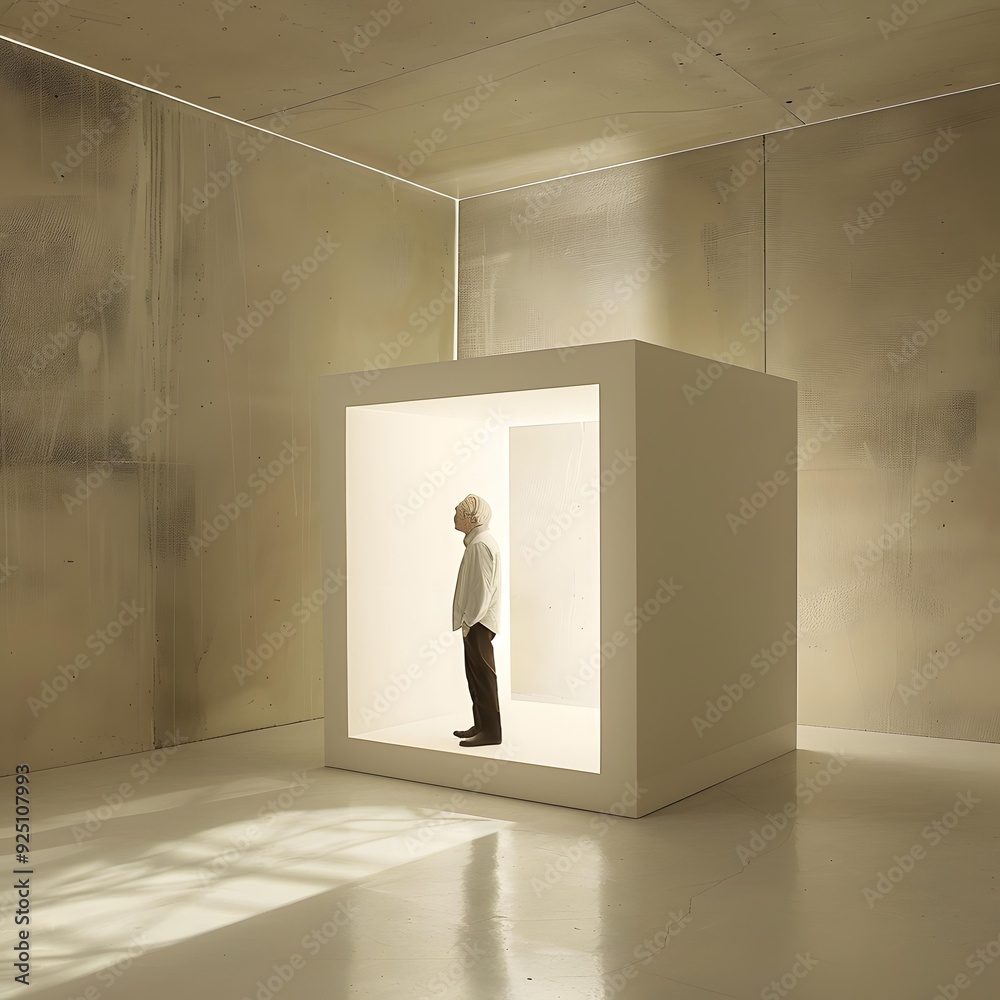 Fototapeta premium Man Standing Inside a White Cube in a Room