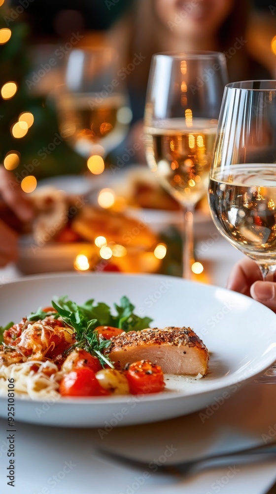 Elegant dining scene featuring a gourmet dish and wine glasses, perfect for celebrations and special occasions. Elegant dining scene featuring a gourmet dish and wine glasses, perfect for celebrations and special occasions.