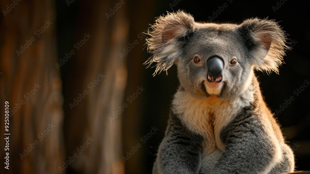 Naklejka premium A cute koala sitting on a tree branch, looking right into the camera with a playful expression,