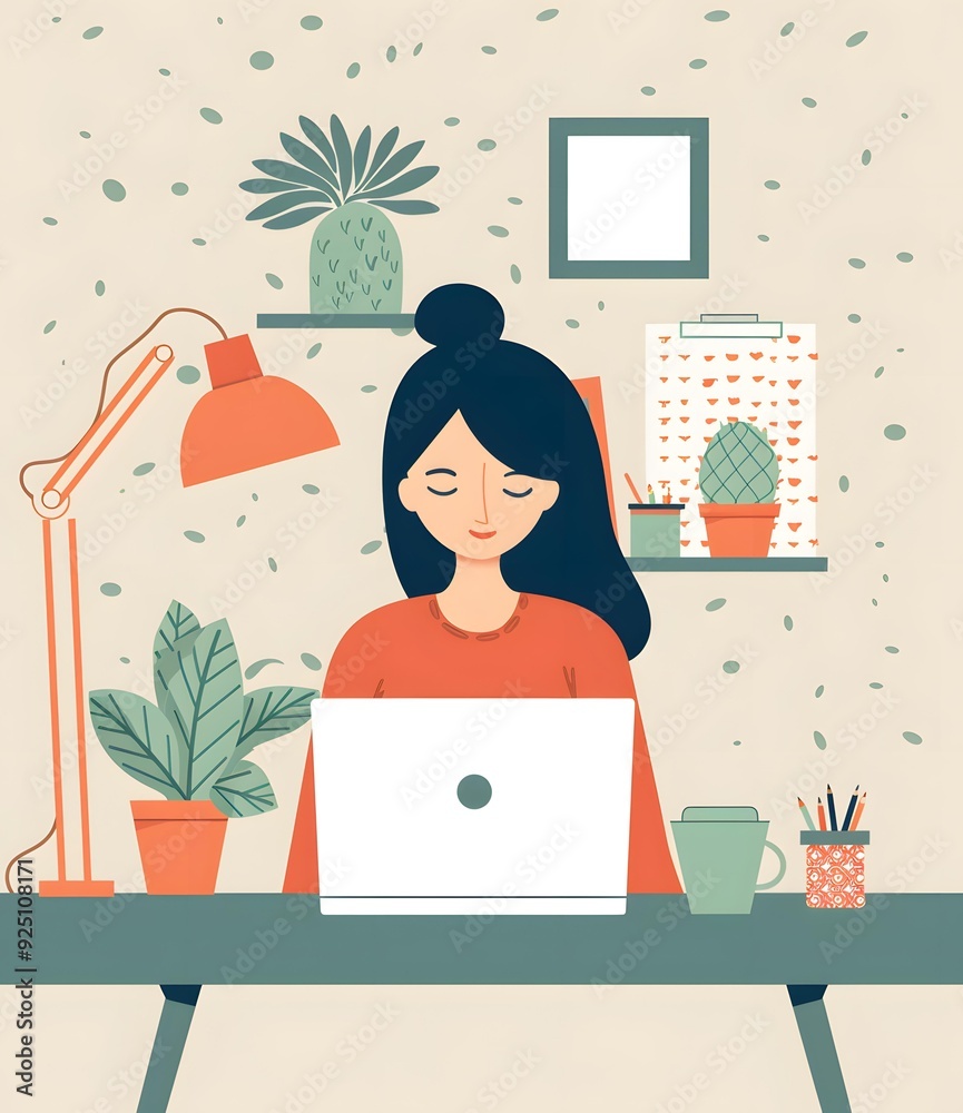 Woman Working on Laptop at Home Office with Plants and Decor Woman Working on Laptop at Home Office with Plants and Decor