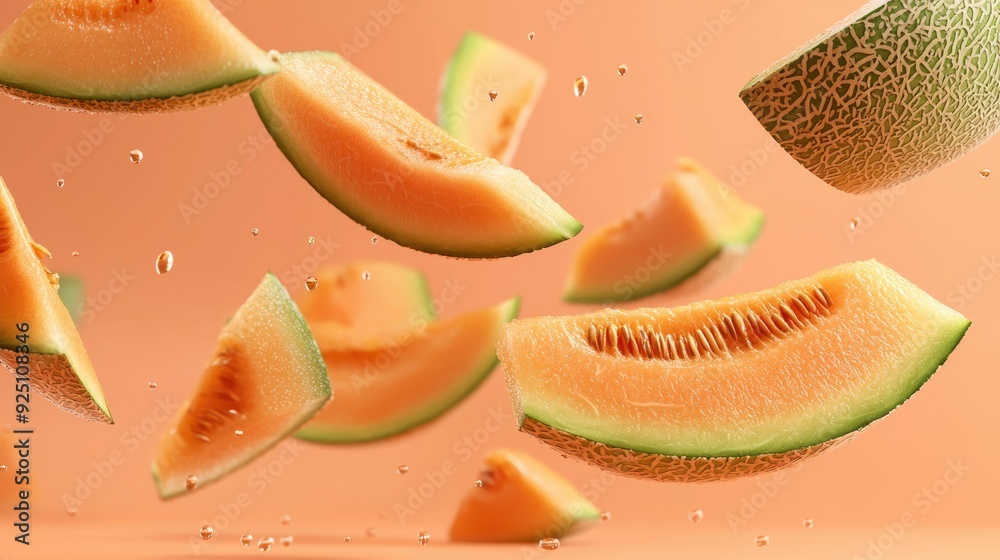 A close up of a bunch of cantaloupe slices flying through the air A close up of a bunch of cantaloupe slices flying through the air