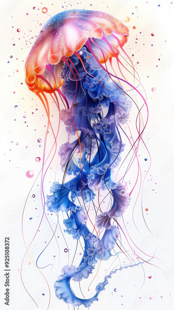 Obraz premium A vibrant illustration of a jellyfish, showcasing intricate tentacles and fluid forms with vivid colors blending from pink to blue hues