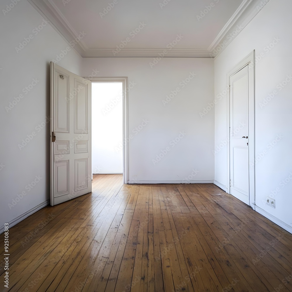 Empty White Room with Wooden Floor and Two Doors Empty White Room with Wooden Floor and Two Doors