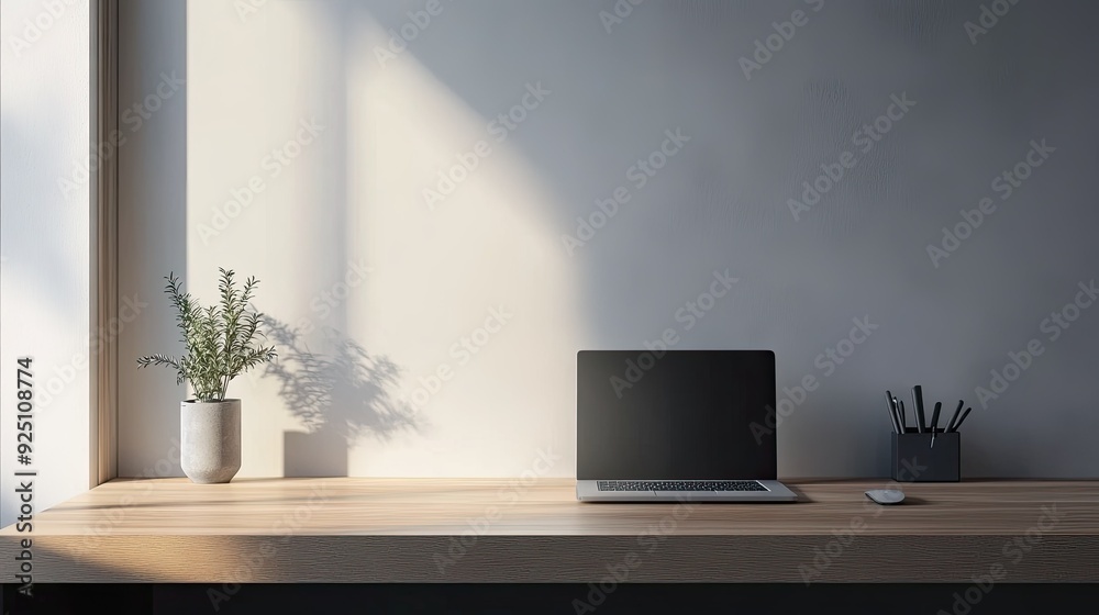 Modern tech desk with a laptop and wireless accessories, clean and minimal workspace Modern tech desk with a laptop and wireless accessories, clean and minimal workspace