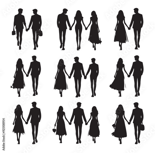couples holding hands silhouette vector illustration