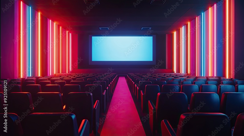 Fototapeta premium Movie theater interior with no people, featuring a large screen and rows of empty seats