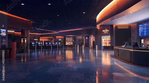 Movie theater lobby with no people, featuring ticketing areas and modern decor