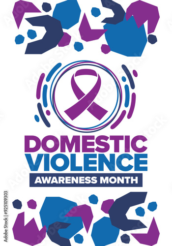 Domestic Violence Awareness Month in October. Celebrate annual in United States. Awareness purple ribbon. Day of Unity. Prevention campaign. Stop women abuse. Poster, banner and background. Vector