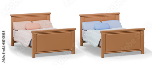 Set of 3D beds with bedding sets of different colors. Realistic templates