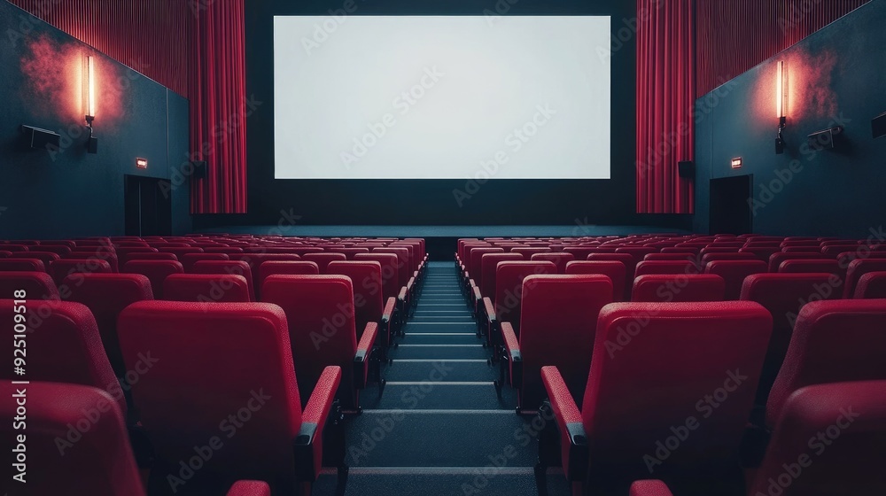 Movie theater with rows of empty red seats and a large, blank screen Movie theater with rows of empty red seats and a large, blank screen