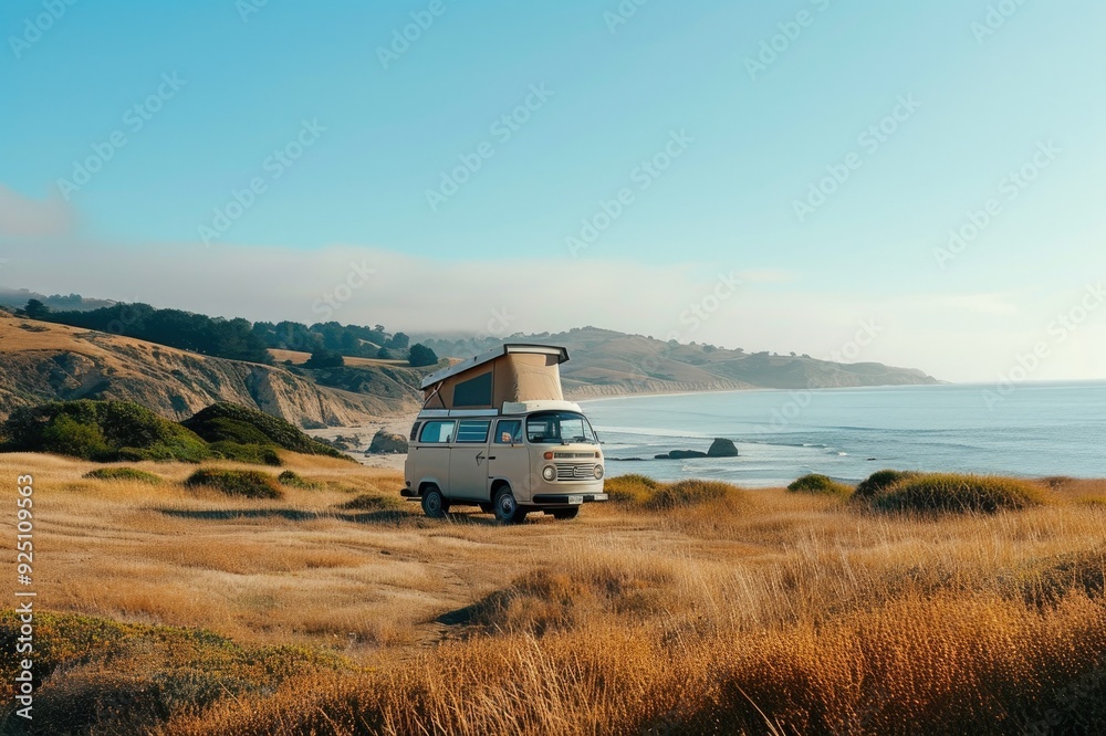 Camper van by the seaside with scenic view Camper van by the seaside with scenic view