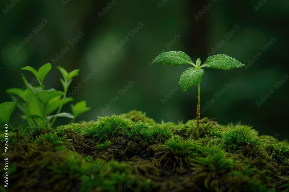 Young plant sprouting in mossy forest floor Young plant sprouting in mossy forest floor