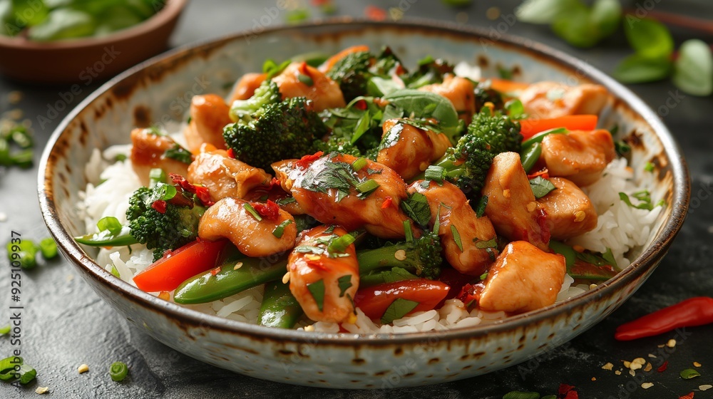 A chicken stir-fry with bell peppers, broccoli, and snap peas, served over a bed of rice A chicken stir-fry with bell peppers, broccoli, and snap peas, served over a bed of rice