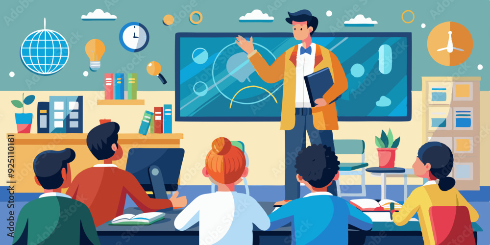 Teacher gives a lecture to students in a university auditorium. Science education and learning concept
Teacher gives a lecture to students in a university auditorium. Science education and learning concept