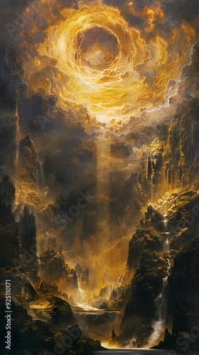 Golden Waterfall in a Fantasy Landscape.