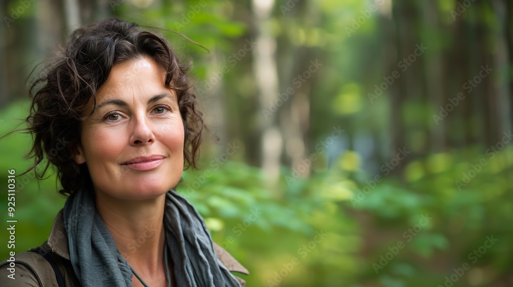 A woman standing quietly in a lush forest, wearing casual outdoor clothing with a peaceful and contented look on her face. A woman standing quietly in a lush forest, wearing casual outdoor clothing with a peaceful and contented look on her face.