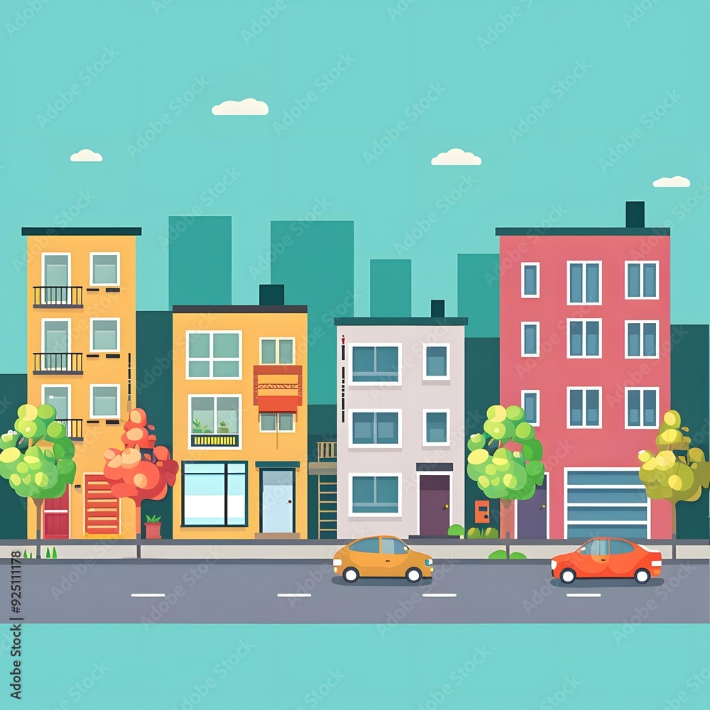 Obraz premium Colorful Cityscape with Houses and Cars Illustration