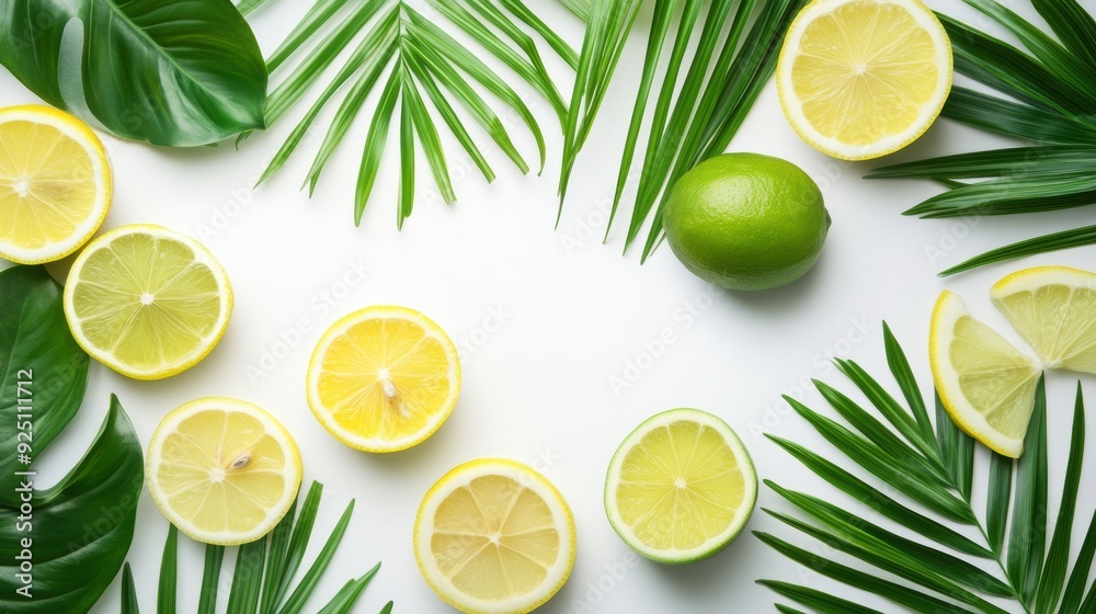 A bunch of lemons and limes are arranged in a circle on a white background A bunch of lemons and limes are arranged in a circle on a white background