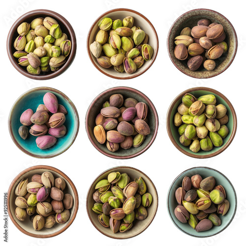 Wallpaper Mural Nine bowls filled with pistachios on a green background. Different varieties of pistachios. Torontodigital.ca