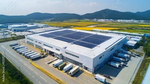  In the aerial view of an industrial building with solar panels on its roof, the scene captures a clean and modern warehouse