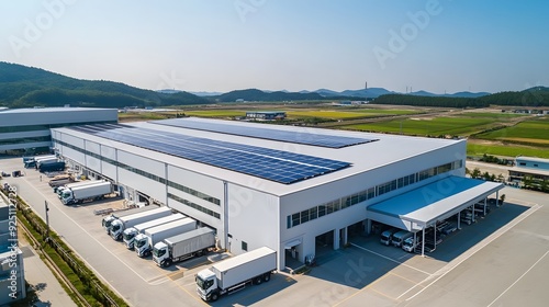  In the aerial view of an industrial building with solar panels on its roof, the scene captures a clean and modern warehouse
