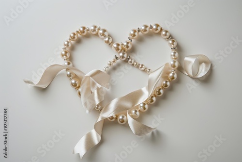 A delicate heart made of intertwined strands of pearls and satin ribbon, set against a clean white backdrop. The soft, luxurious textures evoke a sense of elegance and sophistication.