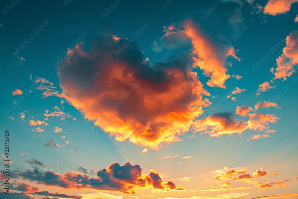 A serene heart-shaped cloud floats against a breathtaking sunset sky with hues of orange, pink, and purple. The cloud's soft edges blend seamlessly with the vibrant colors of the sky. A serene heart-shaped cloud floats against a breathtaking sunset sky with hues of orange, pink, and purple. The cloud's soft edges blend seamlessly with the vibrant colors of the sky.