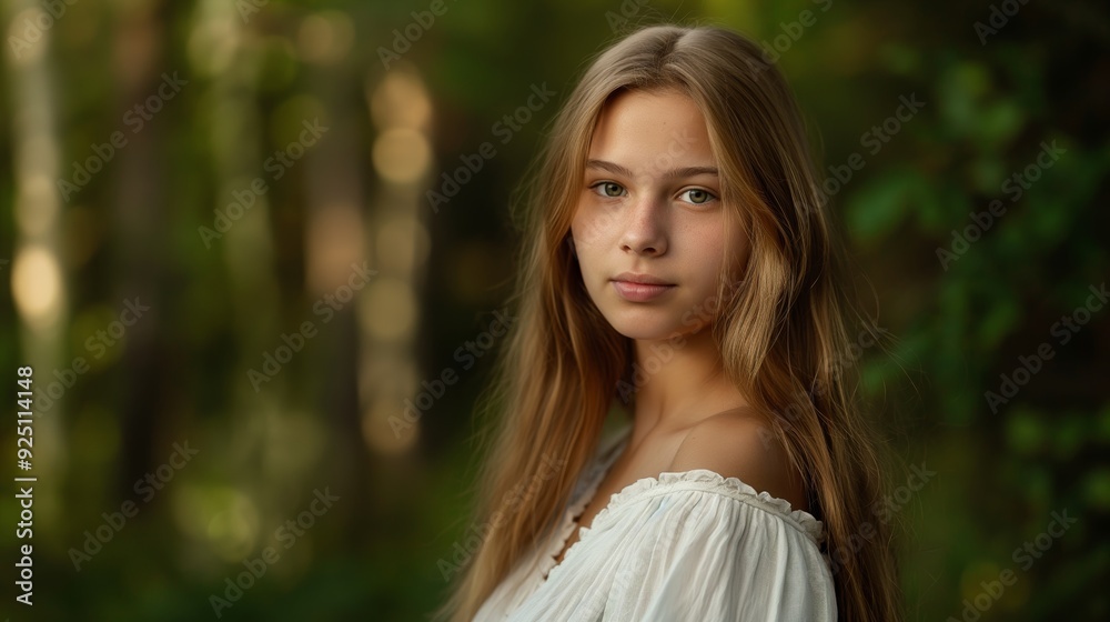 A young woman with long blonde hair stands outdoors in a white blouse, surrounded by lush greenery, and looking serene. A young woman with long blonde hair stands outdoors in a white blouse, surrounded by lush greenery, and looking serene.