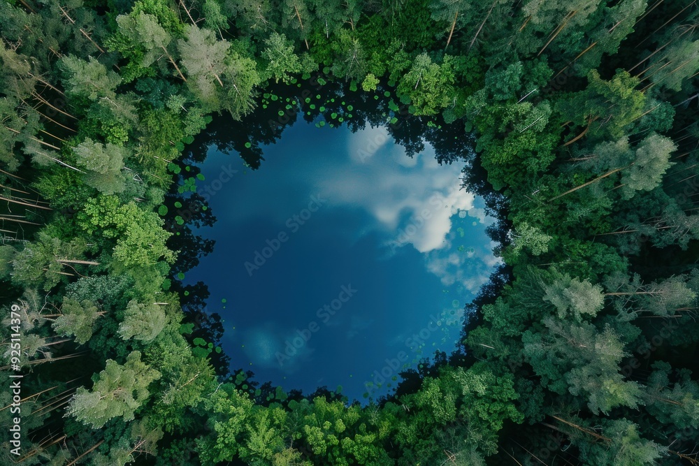 Aerial view of a tranquil lake reflecting the blue sky and white clouds ...